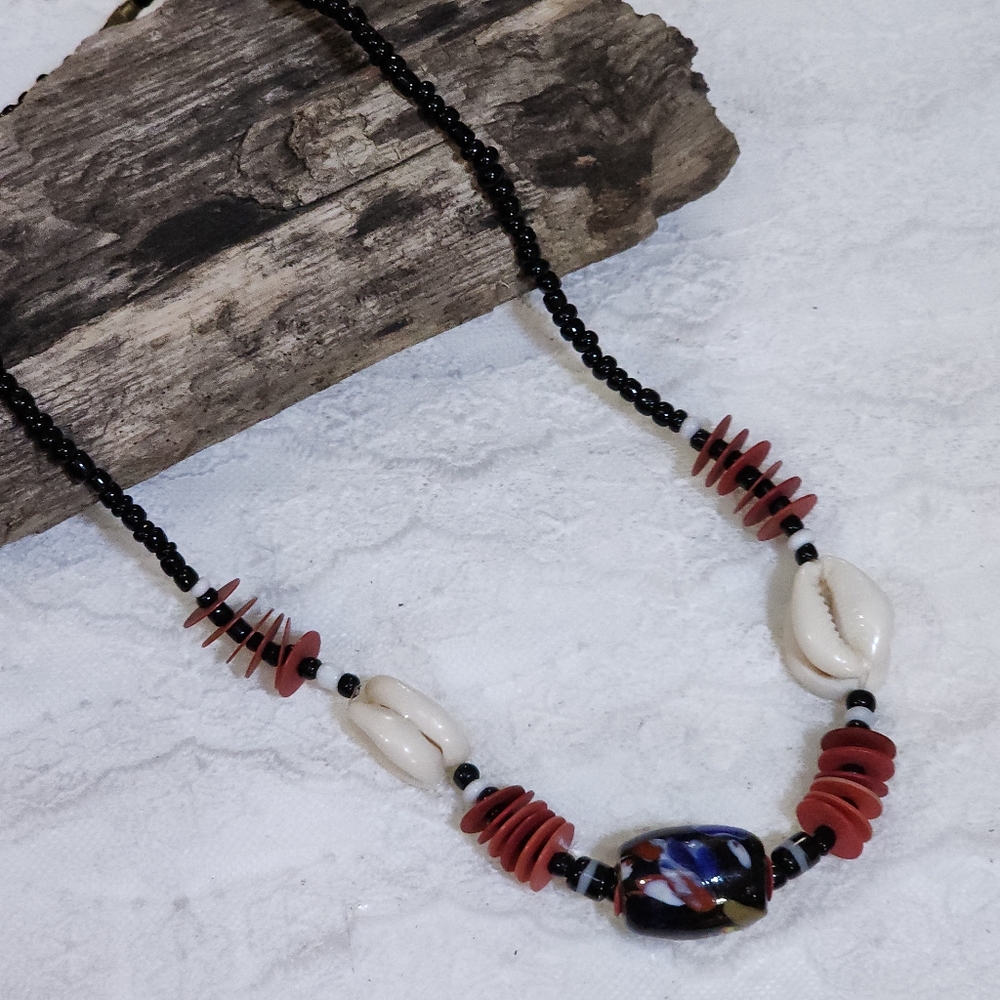 Vintage Boho Black and Red Beaded Cowrie Shell Tribal Necklace